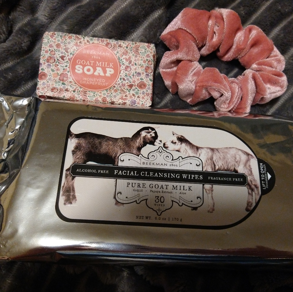 Facial cleansing wipes, soap, and scrunchie